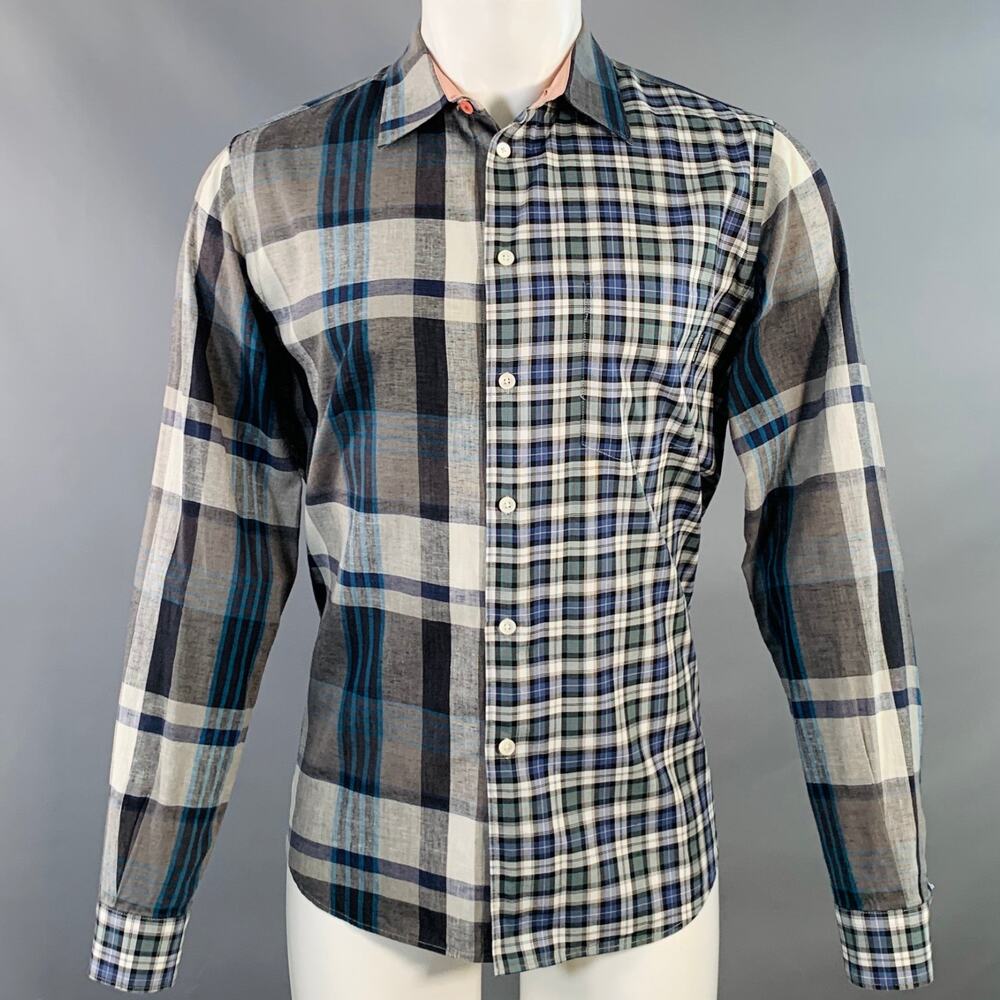 PS by PAUL SMITH Grey Blue Plaid Cotton Blend Casual Fit Long Sleeve Shirt